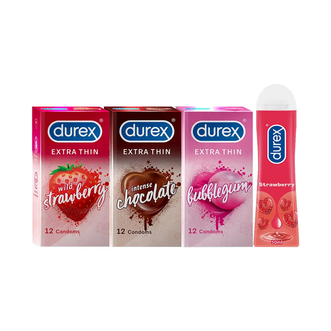 Durex Thin Flavours (12 pack of chocolate, bubblegum, strawberry) + Strawberry Lube